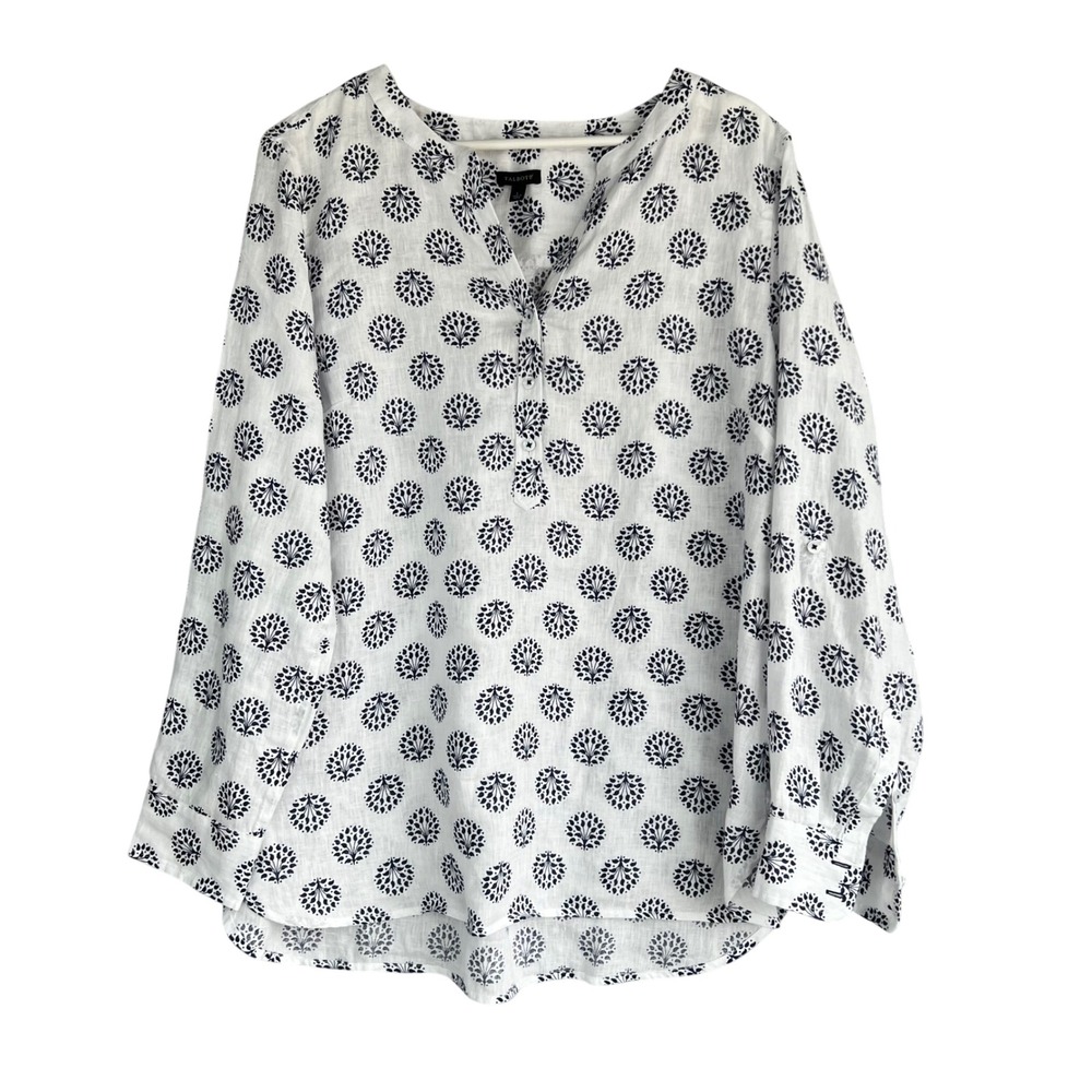 Talbots White Navy Blue Linen Medallion Roll Tab Sleeve Tunic Blouse Women's Lg